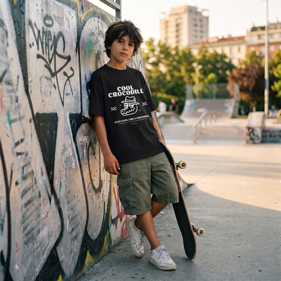 Garçon en skatepark portant le t-shirt enfant original Cool Crocodile noir, ambiance streetwear urbaine – CHT'M Boutique