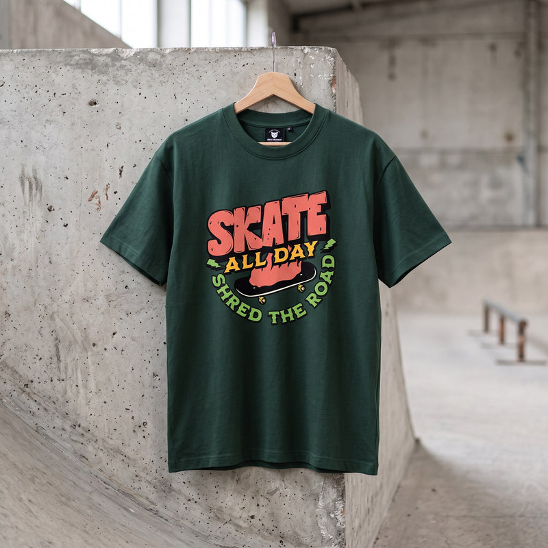 T-shirt enfant vert fonce Skate All Day sur cintre, pose contre un bloc de beton dans un skatepark