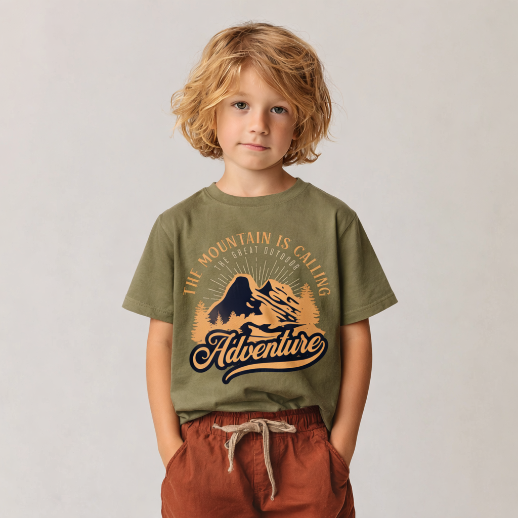 T-shirt enfant Mountain is Calling en vert kaki porté de face, imprimé montagne orange et bleu nuit
