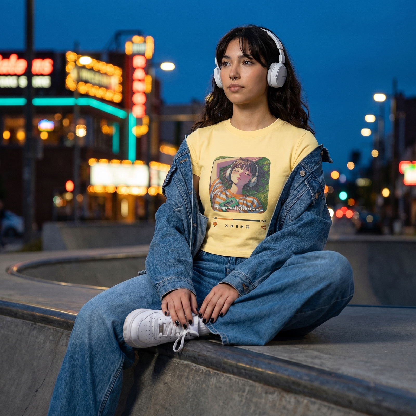 Crop top anime jaune porté au skatepark de nuit – look streetwear y2k femme