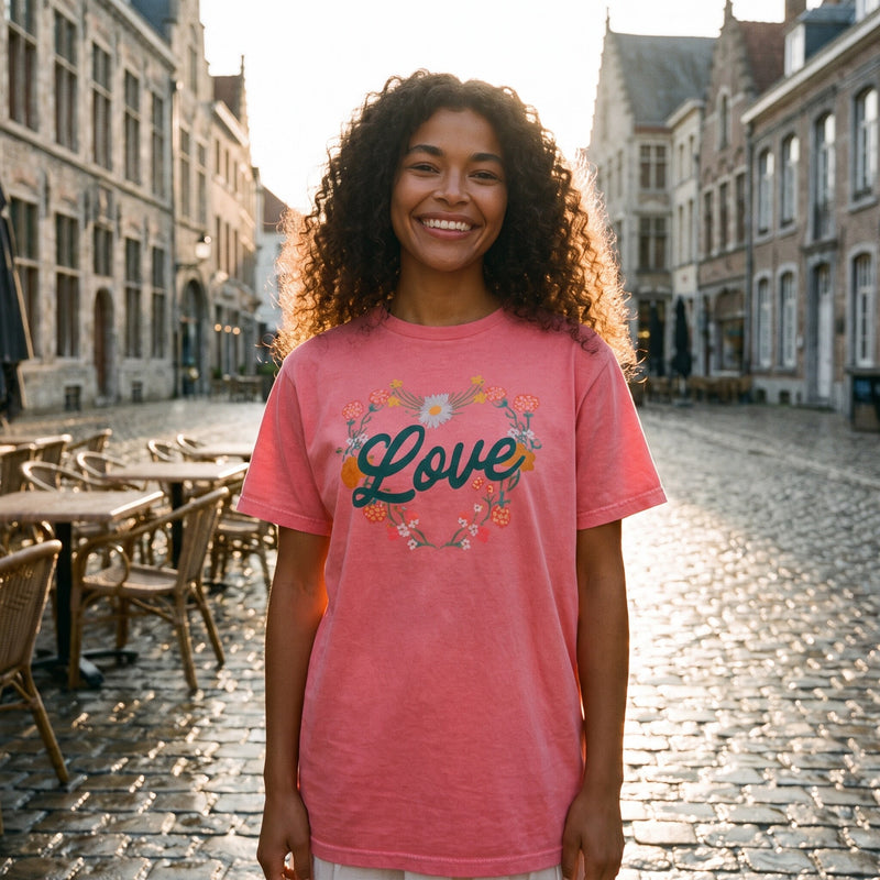 T-shirt femme oversized rose délavé Love porté en terrasse de café belge : cœur fleuri vintage