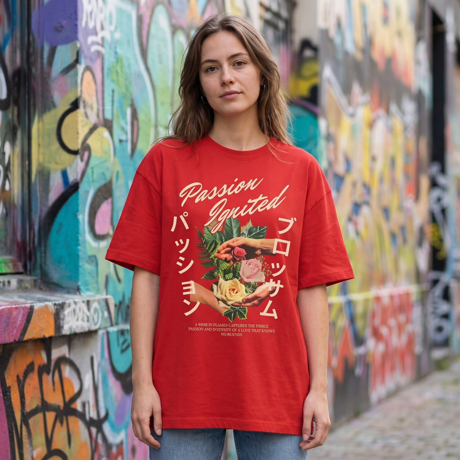 T-shirt rouge oversized a l'imprime japonais de roses, porte avec un jean clair devant un mur de graffitis pastel