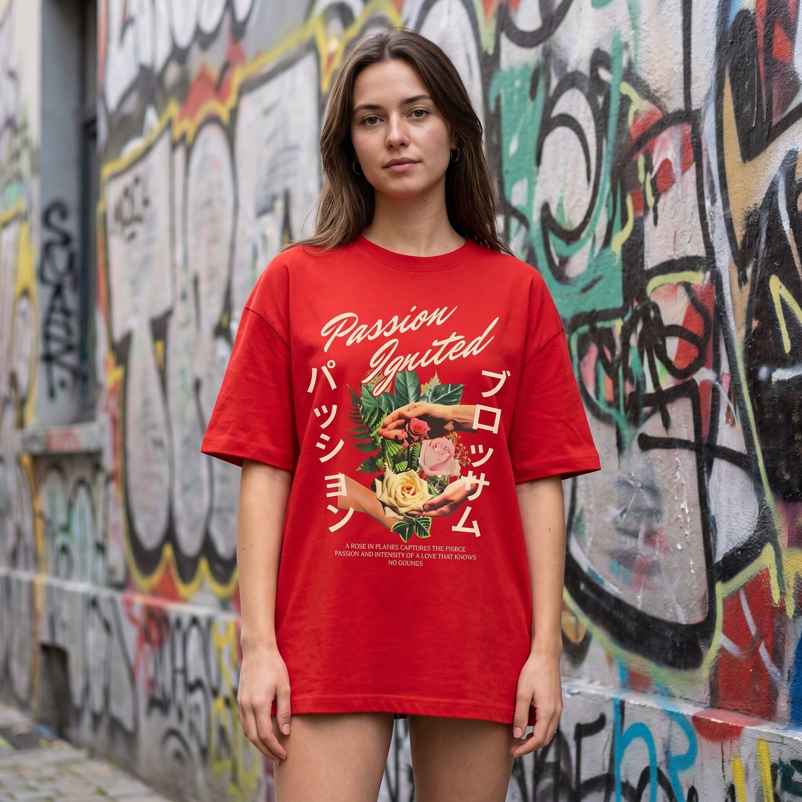 T-shirt femme oversized rouge Passion Ignited a collage de roses, porte dans une ruelle couverte de graffitis