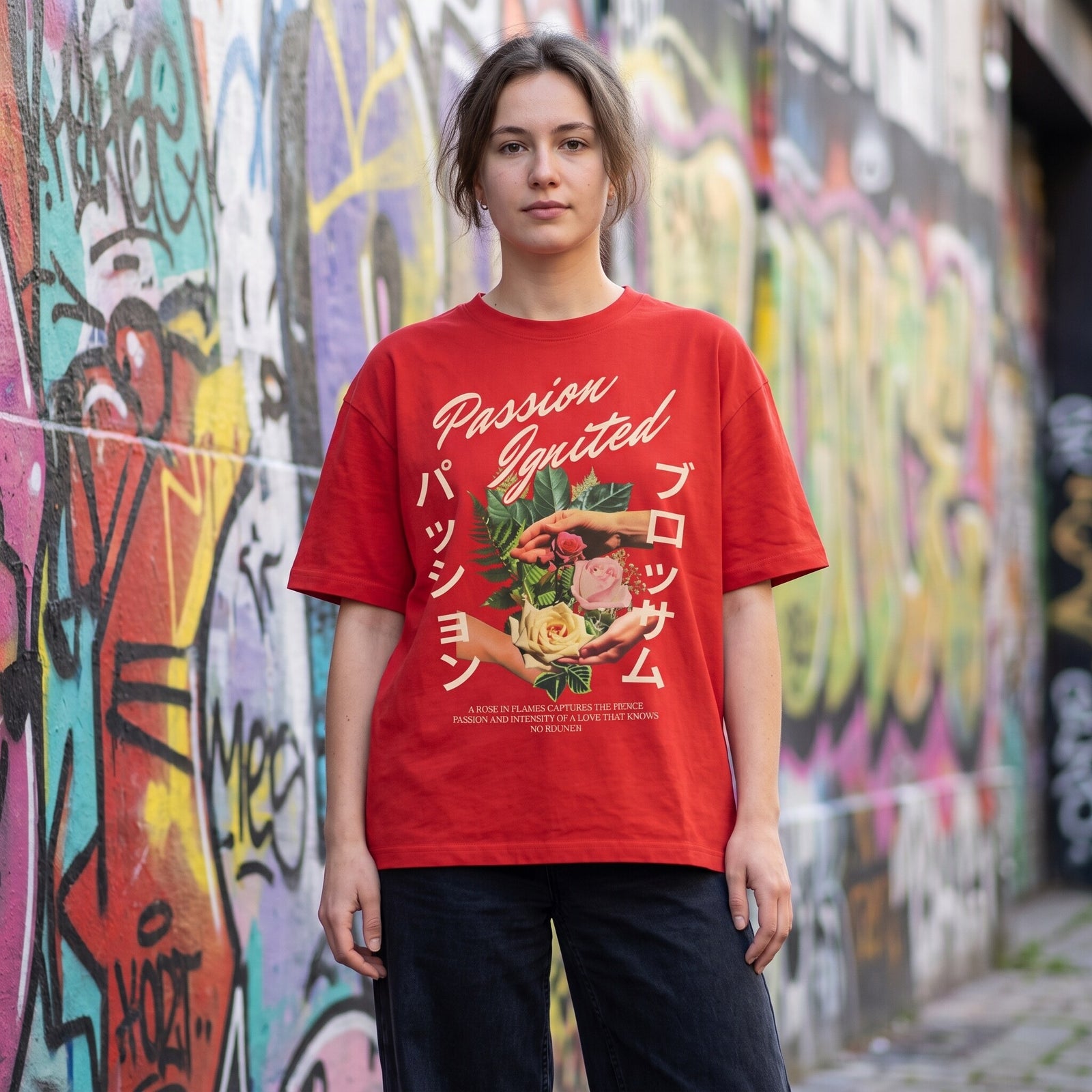 Jeune femme en t-shirt rouge Passion Ignited et jean noir large, adossee a une fresque de graffitis multicolores
