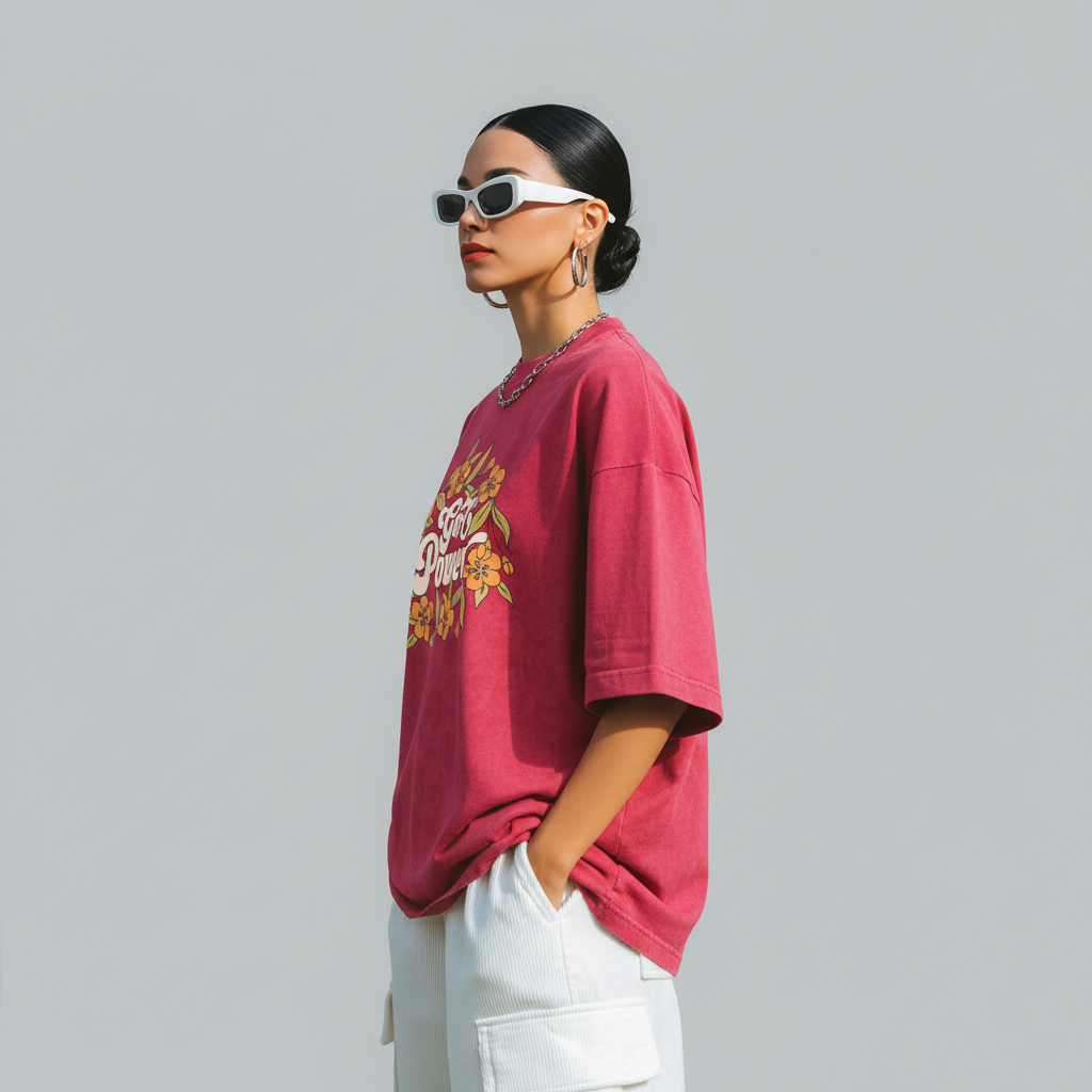 T-shirt femme oversized Girl Power en rouge vu de profil - tombé ample et épaules basses
