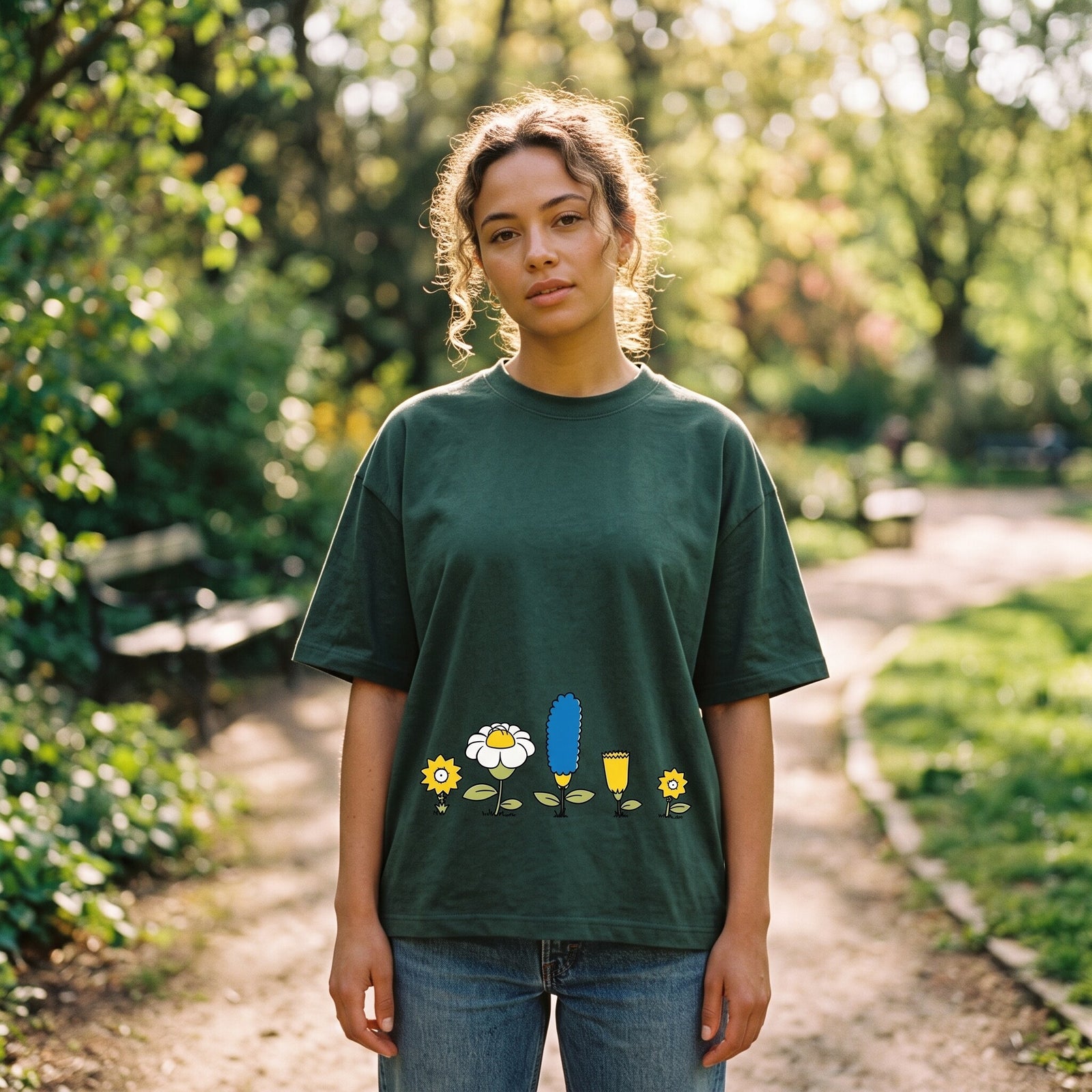 T-shirt oversized vert sapin à petites fleurs cartoon, porté par une femme dans l'allée ensoleillée d'un parc