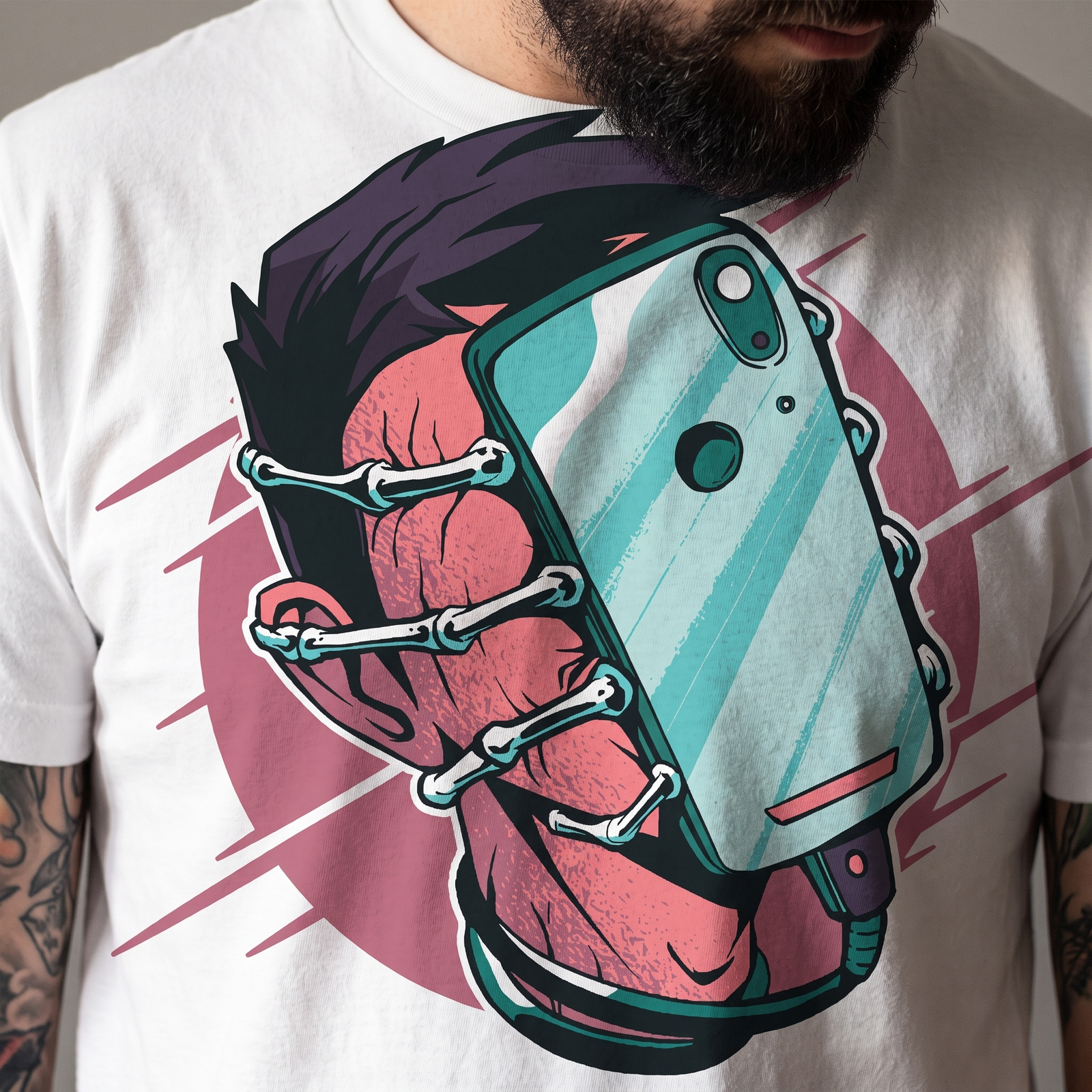 Gros plan du design geek : smartphone boulonné sur le visage avec des vis en os, imprimé sur t-shirt blanc porté
