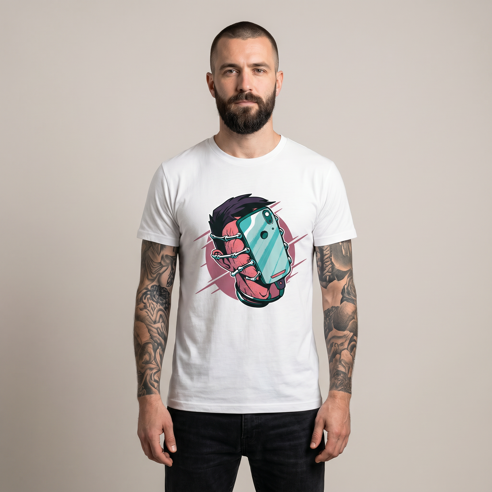 T-shirt geek original blanc porté par un homme barbu tatoué, design smartphone vissé sur le visage, photo studio