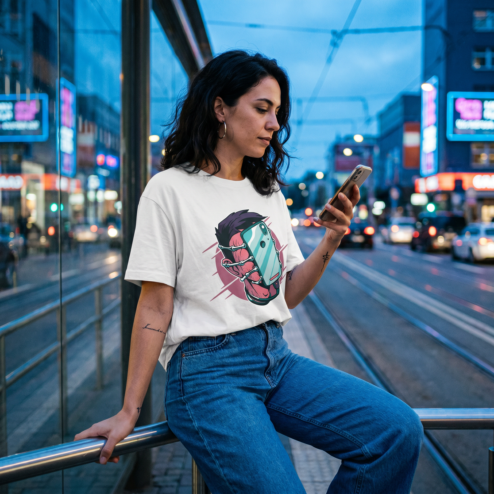 T-shirt geek blanc porté par une femme à un arrêt de tram, ambiance streetwear urbaine nocturne