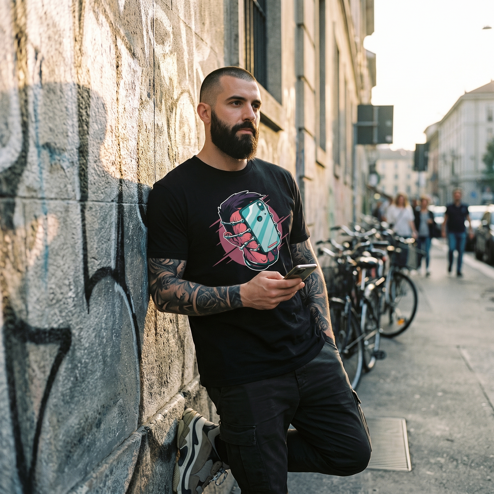 T-shirt geek noir porté par un homme en rue devant un mur graffé, look streetwear urbain