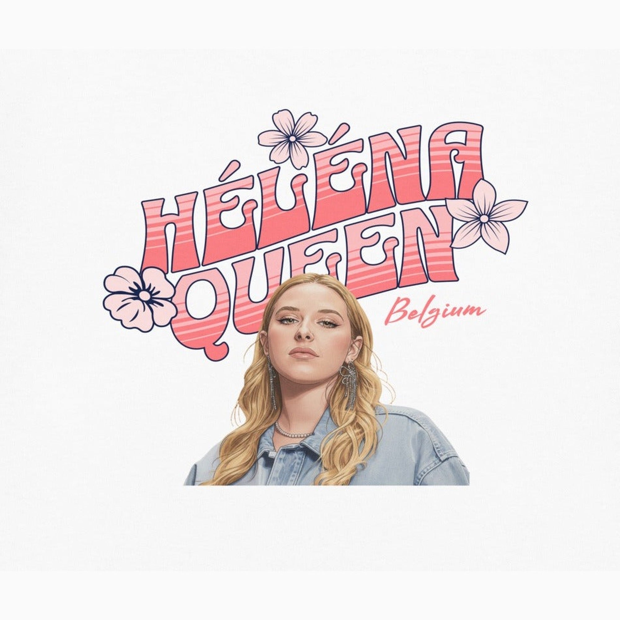 Gros plan du design Héléna Queen Belgium sur t-shirt