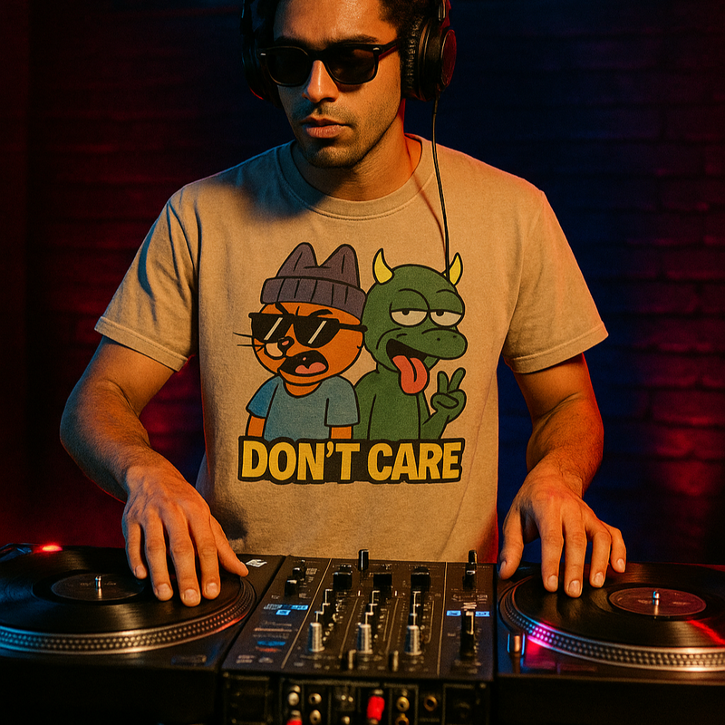 T-shirt oversized acid washed beige Don't Care porté par un DJ, imprimé chat et monstre cartoon aux platines
