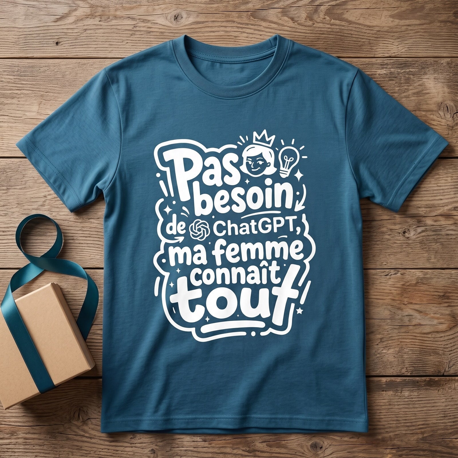 T-shirt humour bleu petrole pose a plat sur des planches de bois a cote d'un coffret cadeau et son ruban