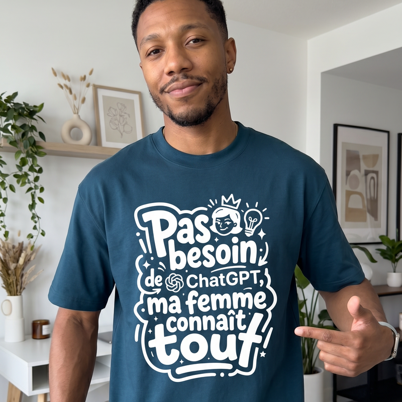 T-shirt Humour | "Pas besoin de ChatGPT, ma femme connaît tout" | Cadeau Homme
