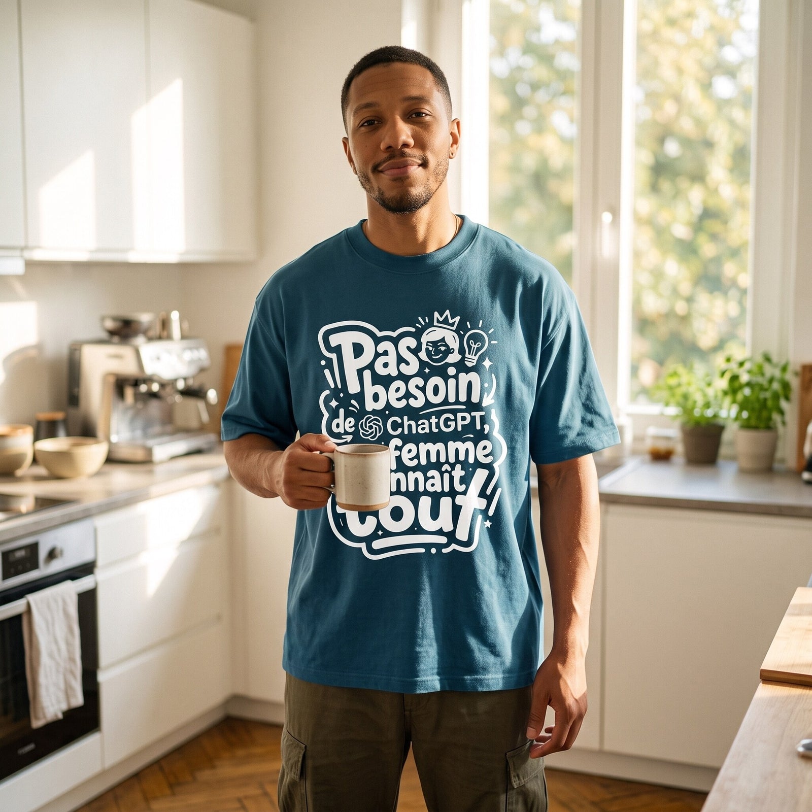 T-shirt oversized bleu petrole ma femme connait tout, porte dans une cuisine lumineuse un mug de cafe a la main