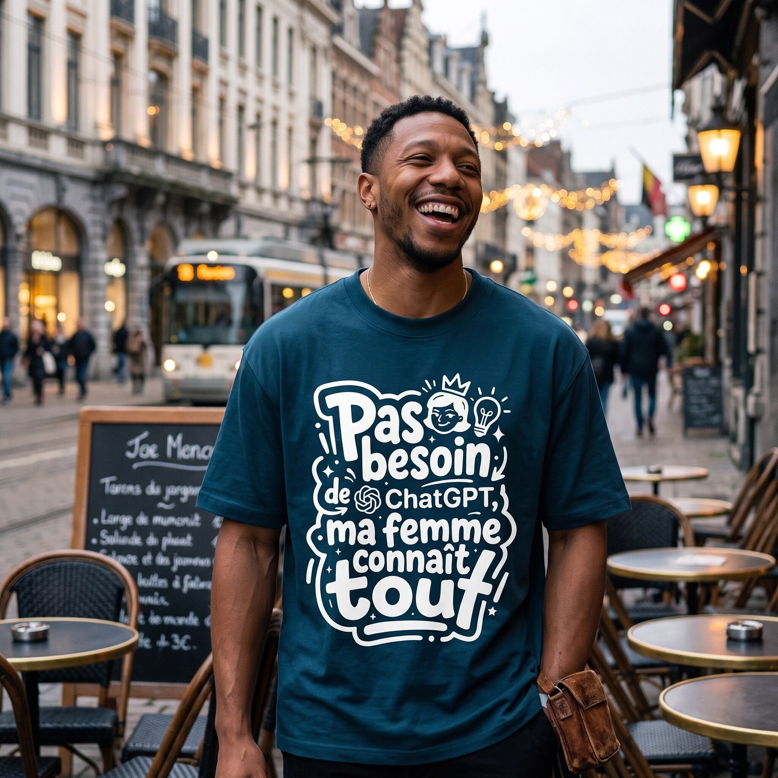 T-shirt humour bleu petrole ChatGPT, porte en riant dans une rue commercante belge devant un tram et des terrasses