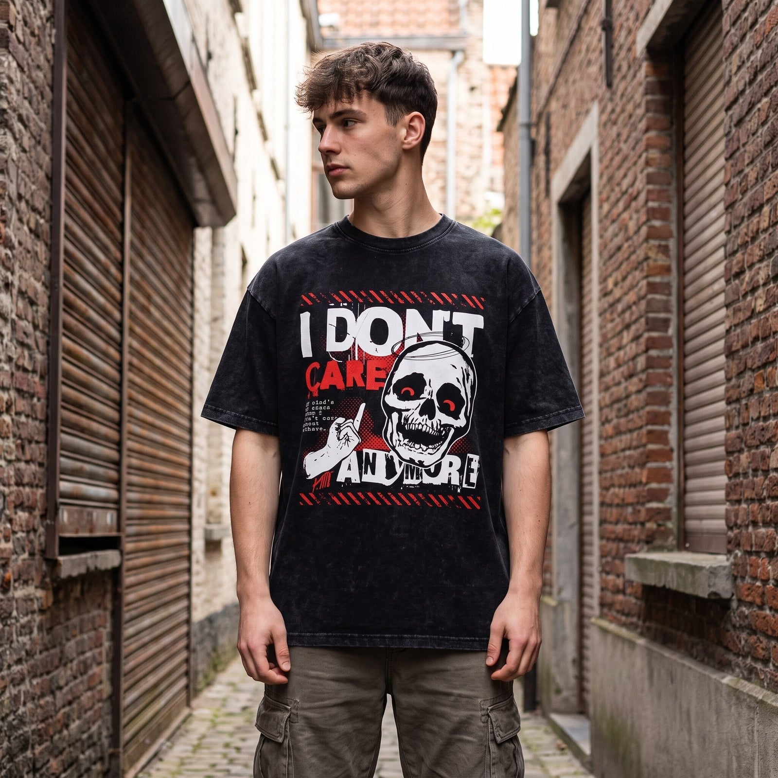 T-shirt noir délavé à imprimé crâne et doigt d'honneur, porté de face dans une ruelle bordée de briques rouges