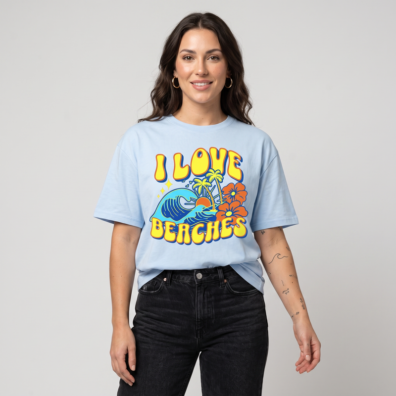 T-shirt humour original « I LOVE BEACHES » – jeu de mots surf rétro unisexe