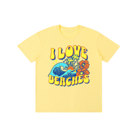 T-shirt I Love Beaches en jaune - illustration plage rétro, vague bleue et fleurs orange