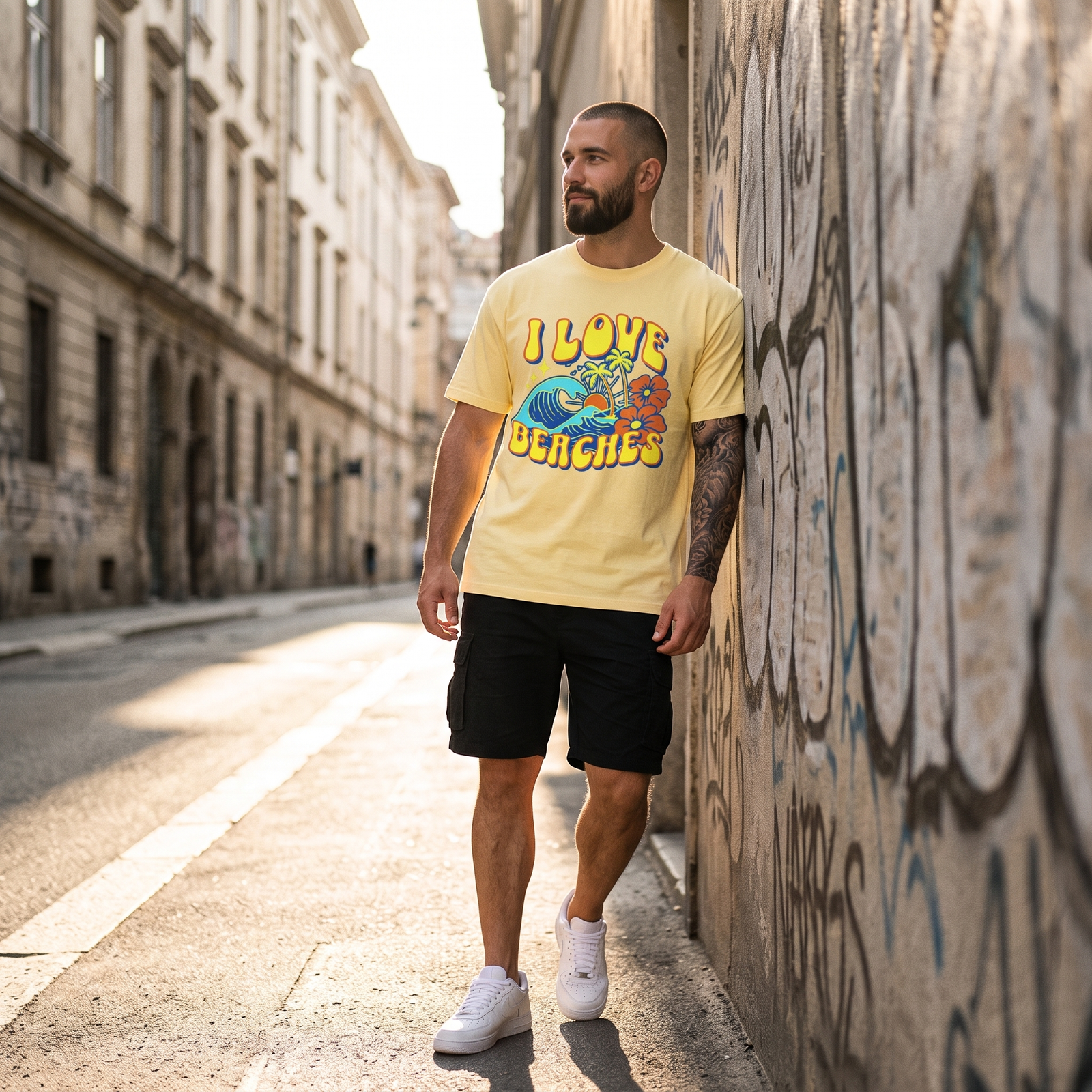 Homme en t-shirt I Love Beaches jaune dans une rue au coucher du soleil, allure streetwear estivale