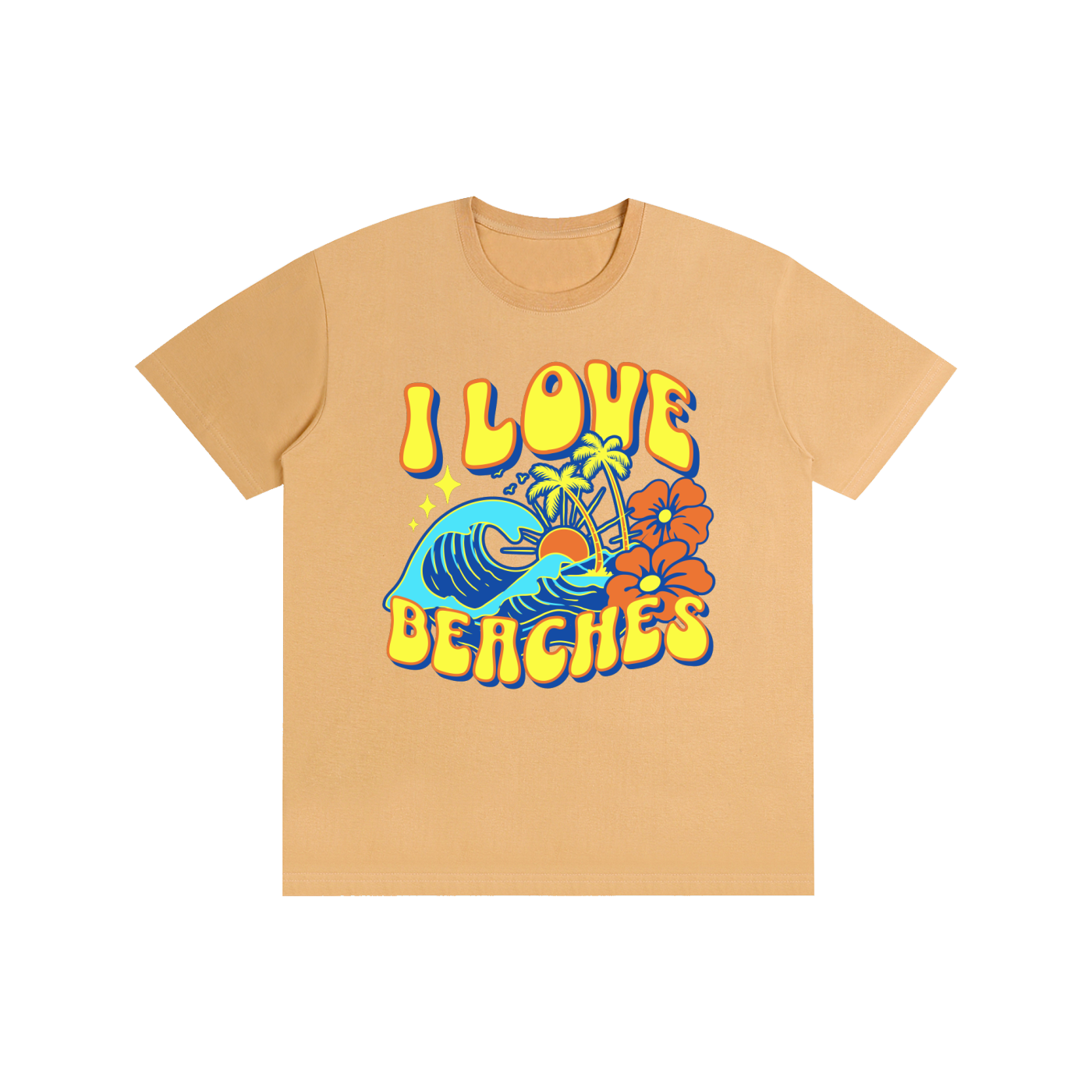 T-shirt I Love Beaches en kaki sable - lettrage groovy jaune cerné de bleu et soleil couchant