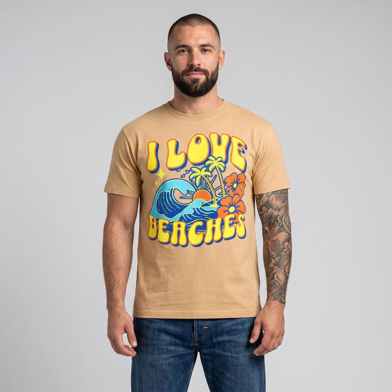 Homme portant le t-shirt I Love Beaches kaki sable en studio, imprimé surf rétro en couleurs