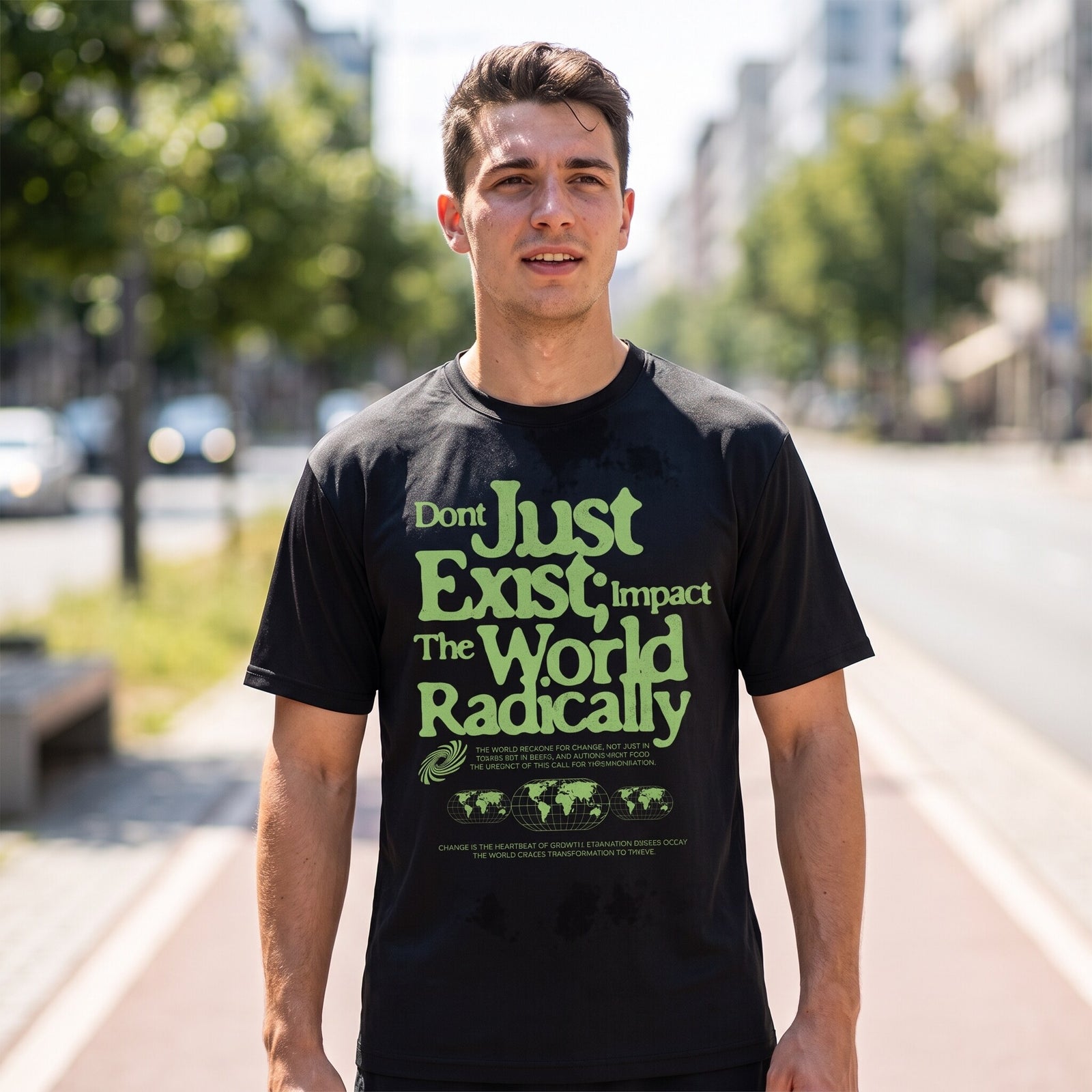 T-shirt noir Don't Just Exist Impact The World Radically en lettrage vert, porté dans une avenue urbaine bordée d'arbres