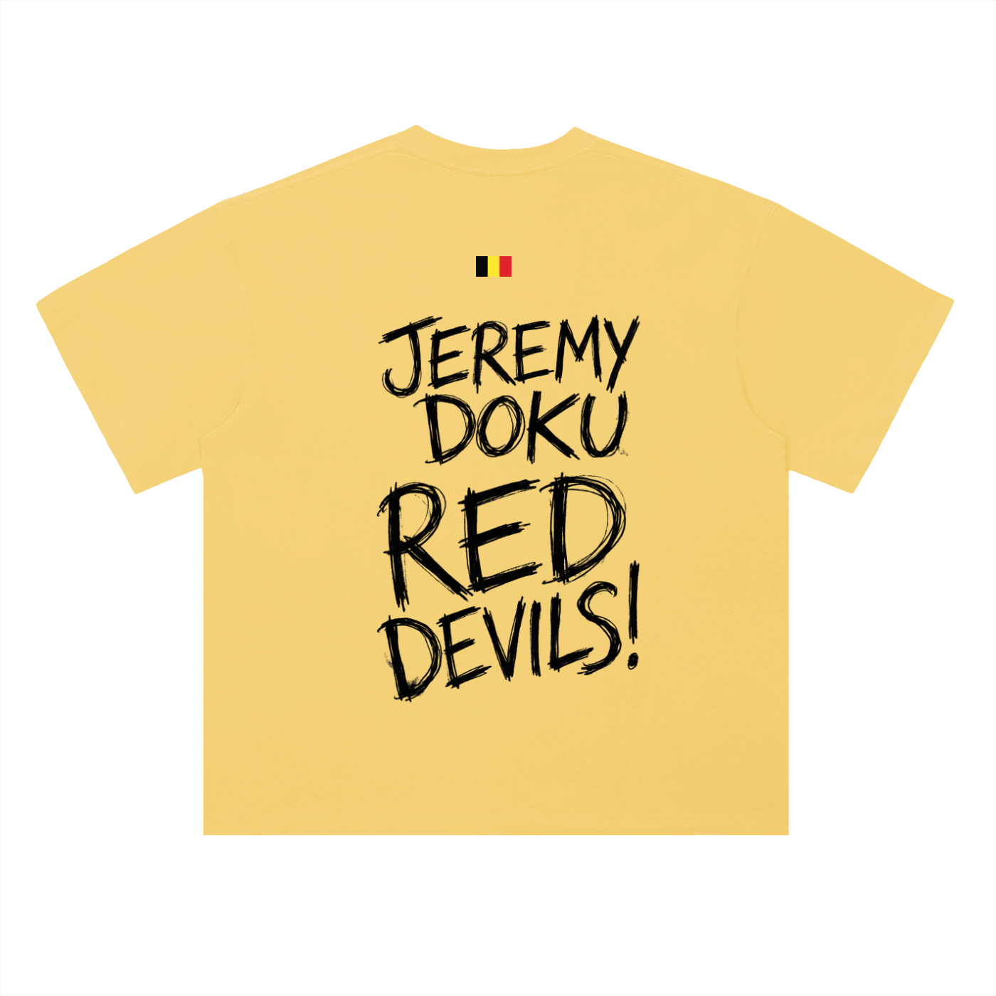 T-shirt oversized Doku jaune citron, dos lettré Jeremy Doku Red Devils sous le drapeau belge