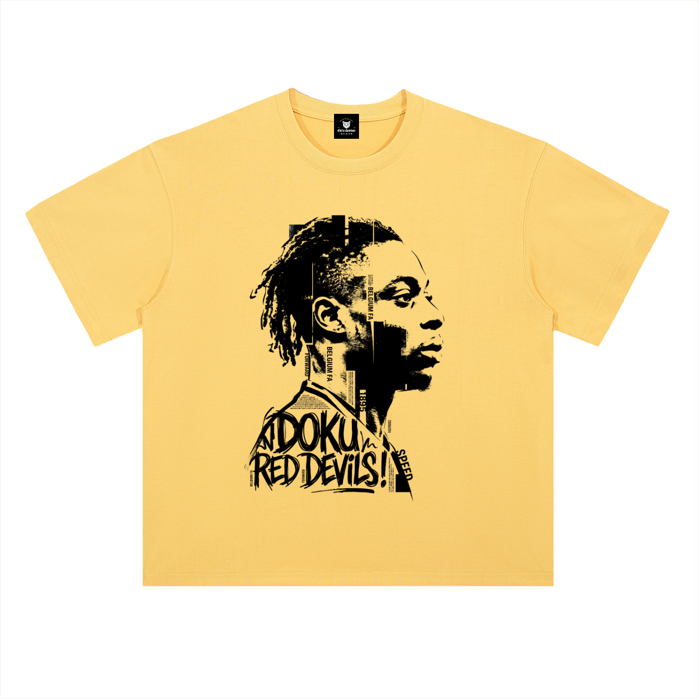 T-shirt oversized Doku jaune citron, devant imprimé du portrait de l'ailier belge et du tag Red Devils