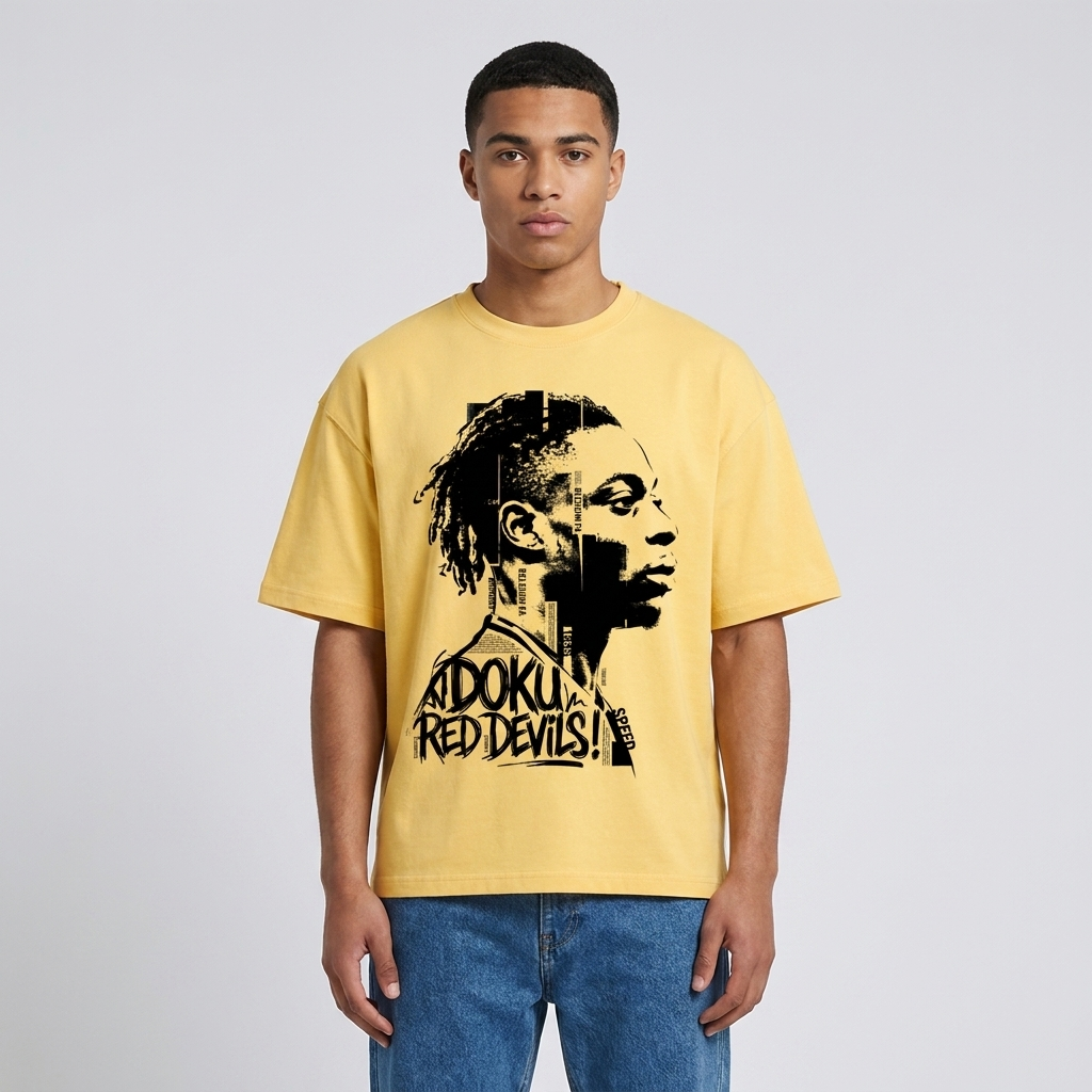 T-shirt oversized Doku jaune citron porté en studio par un mannequin homme, coupe drop shoulder