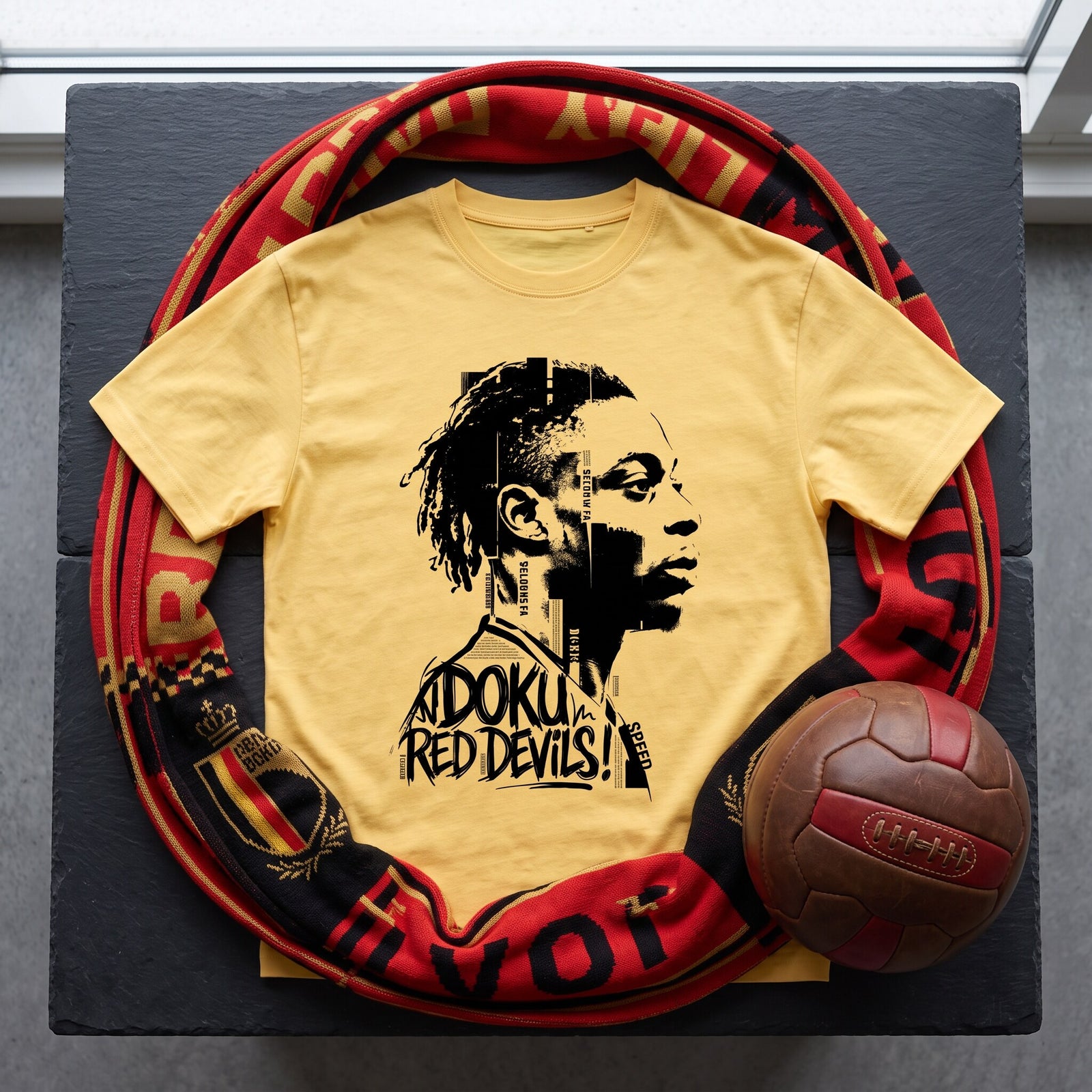 T-shirt jaune Doku Red Devils posé à plat sur une ardoise, entouré d'une écharpe des Diables Rouges et d'un ballon en cuir
