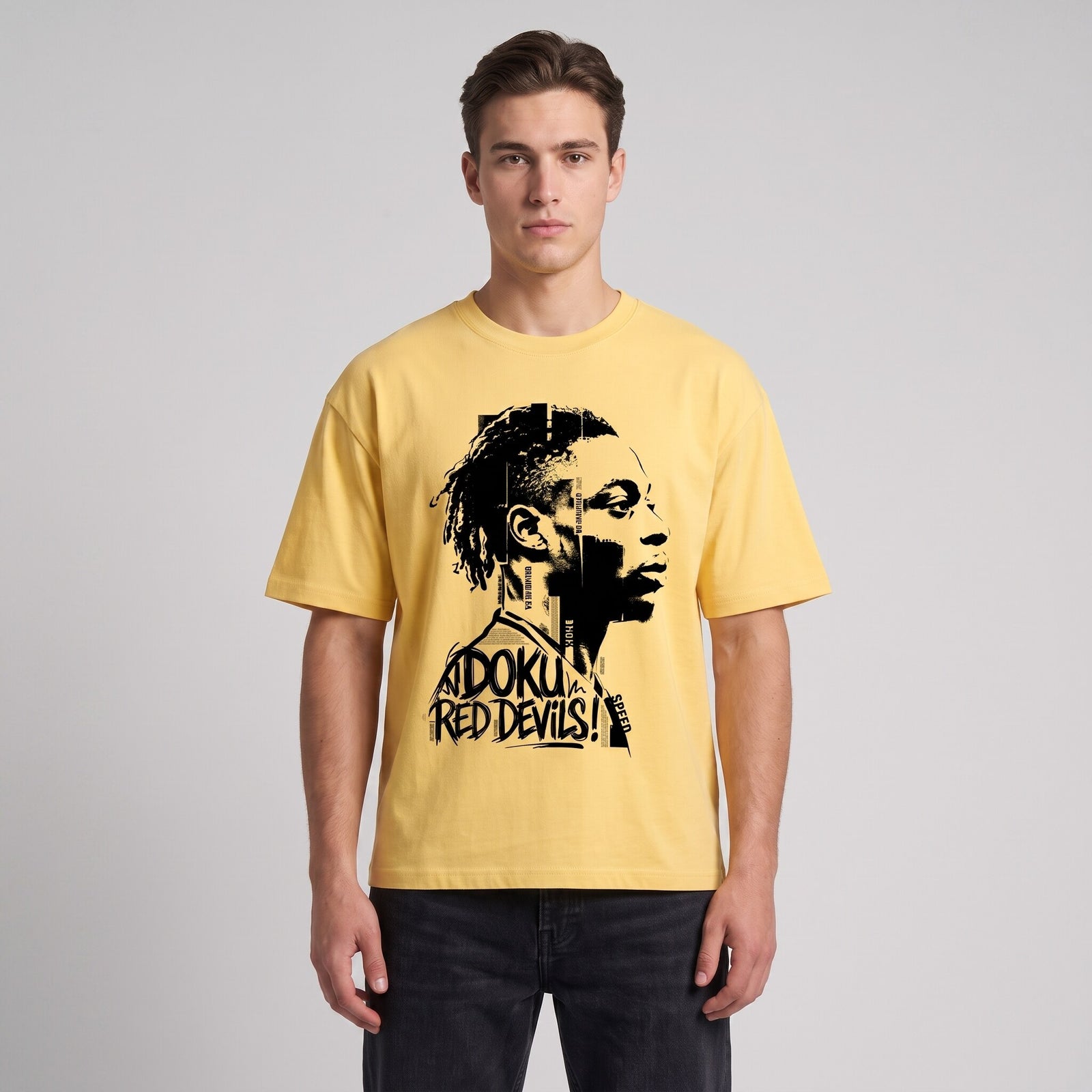 T-shirt oversized jaune citron au portrait sérigraphié de Doku, porté en studio sur fond gris clair