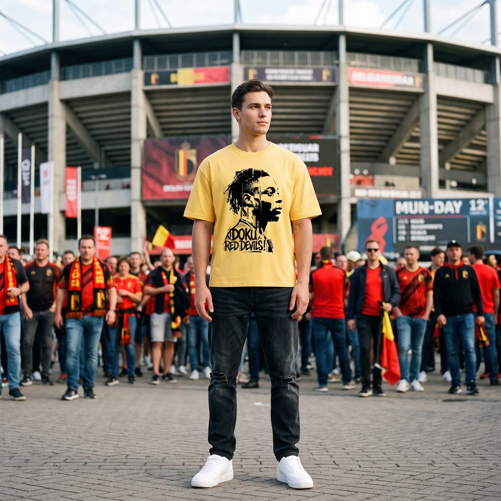 T-shirt oversized jaune imprimé Doku Red Devils, porté devant un stade au milieu des supporters des Diables Rouges