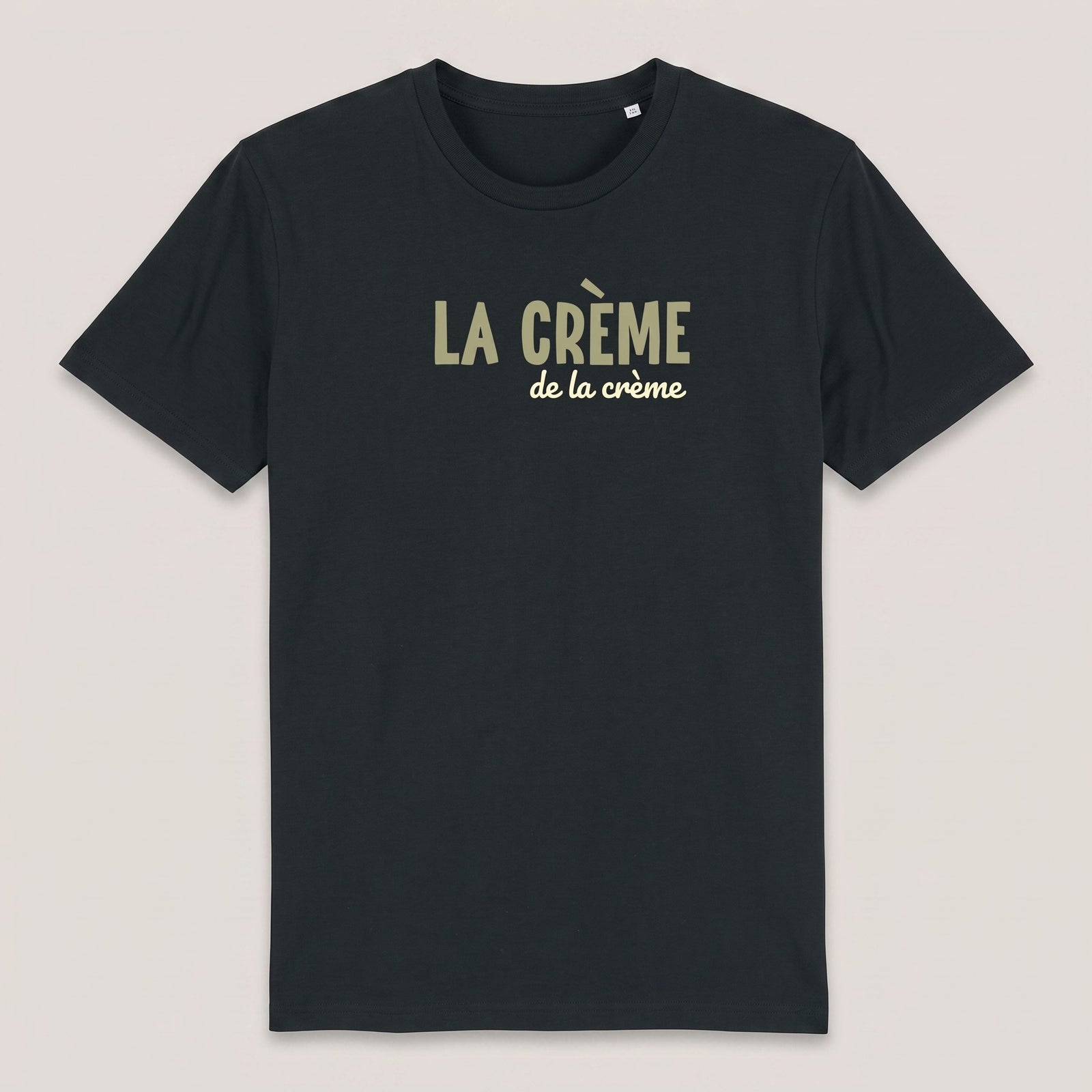 T-shirt La Crème de la Crème noir à plat, design typographique complet, coton bio 180 g/m²