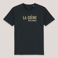 T-shirt La Crème de la Crème noir à plat, design typographique complet, coton bio 180 g/m²