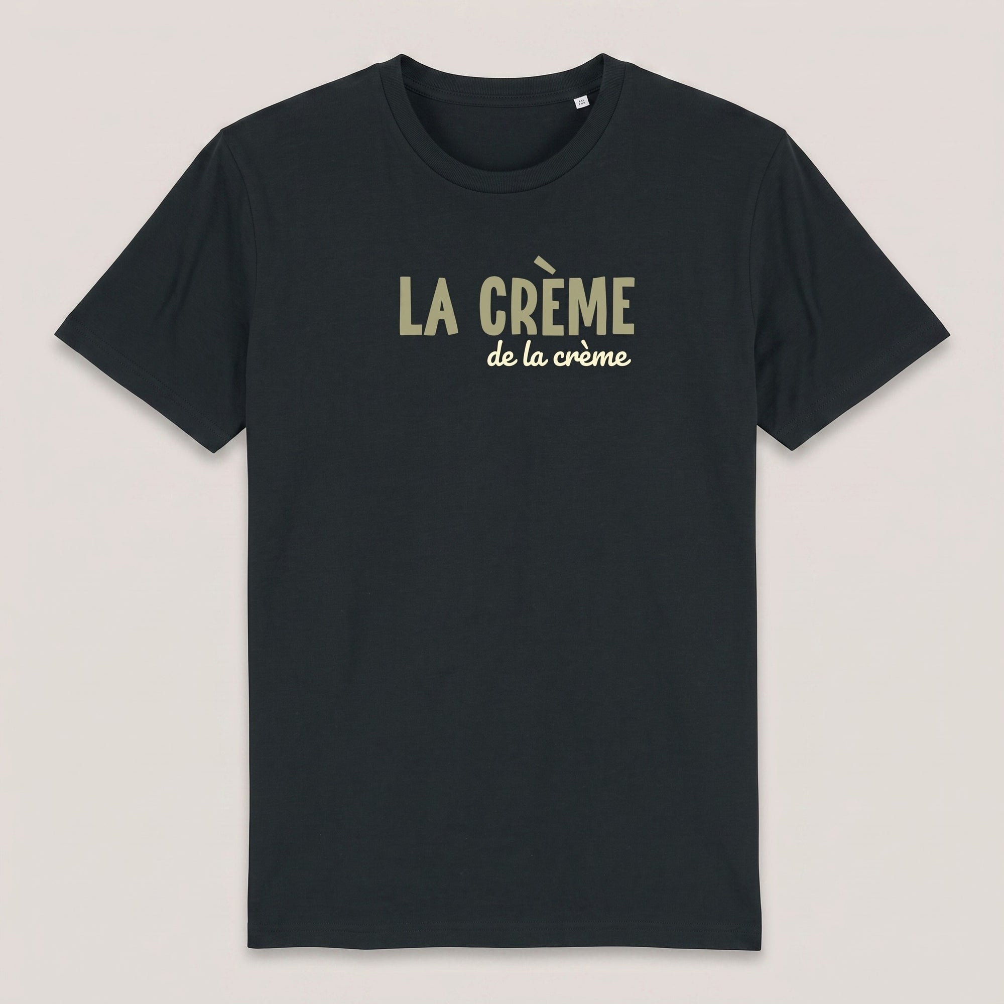 T-shirt La Crème de la Crème noir à plat, design typographique complet, coton bio 180 g/m²