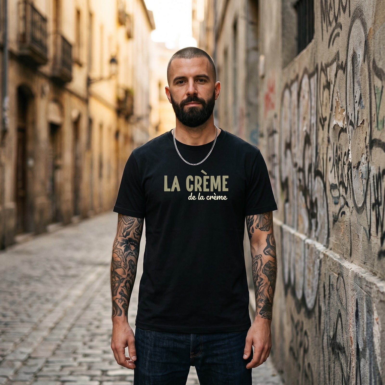 T-shirt à message La Crème de la Crème noir porté par un homme en look streetwear urbain