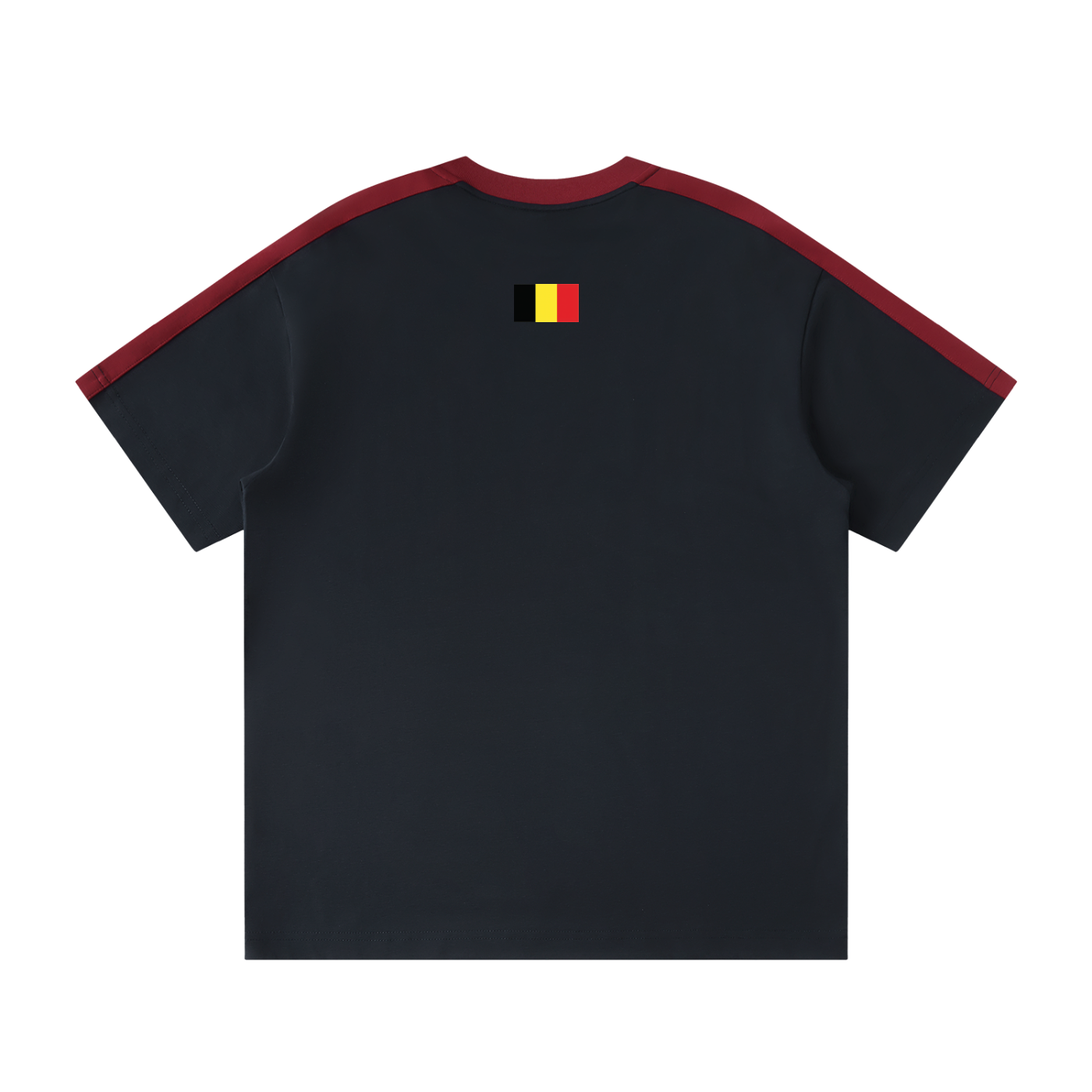 T-shirt Le Pays de la Bière bleu marine vue de dos avec drapeau belge brodé