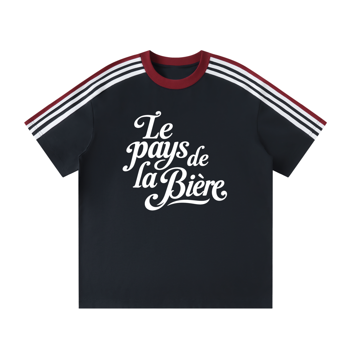 T-shirt Le Pays de la Bière bleu marine vue de face avec rayures rétro rouge et blanc