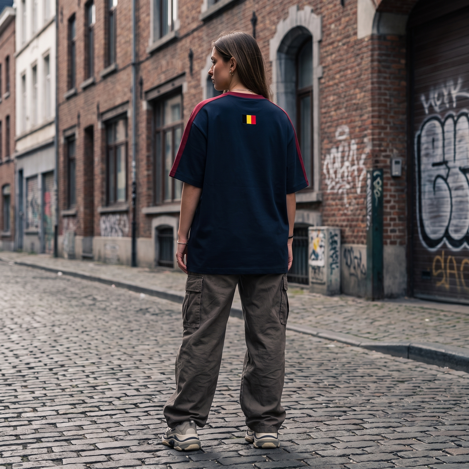 Femme streetwear portant le t-shirt Le Pays de la Bière bleu marine dans une rue belge - vue de dos drapeau belge, format carré