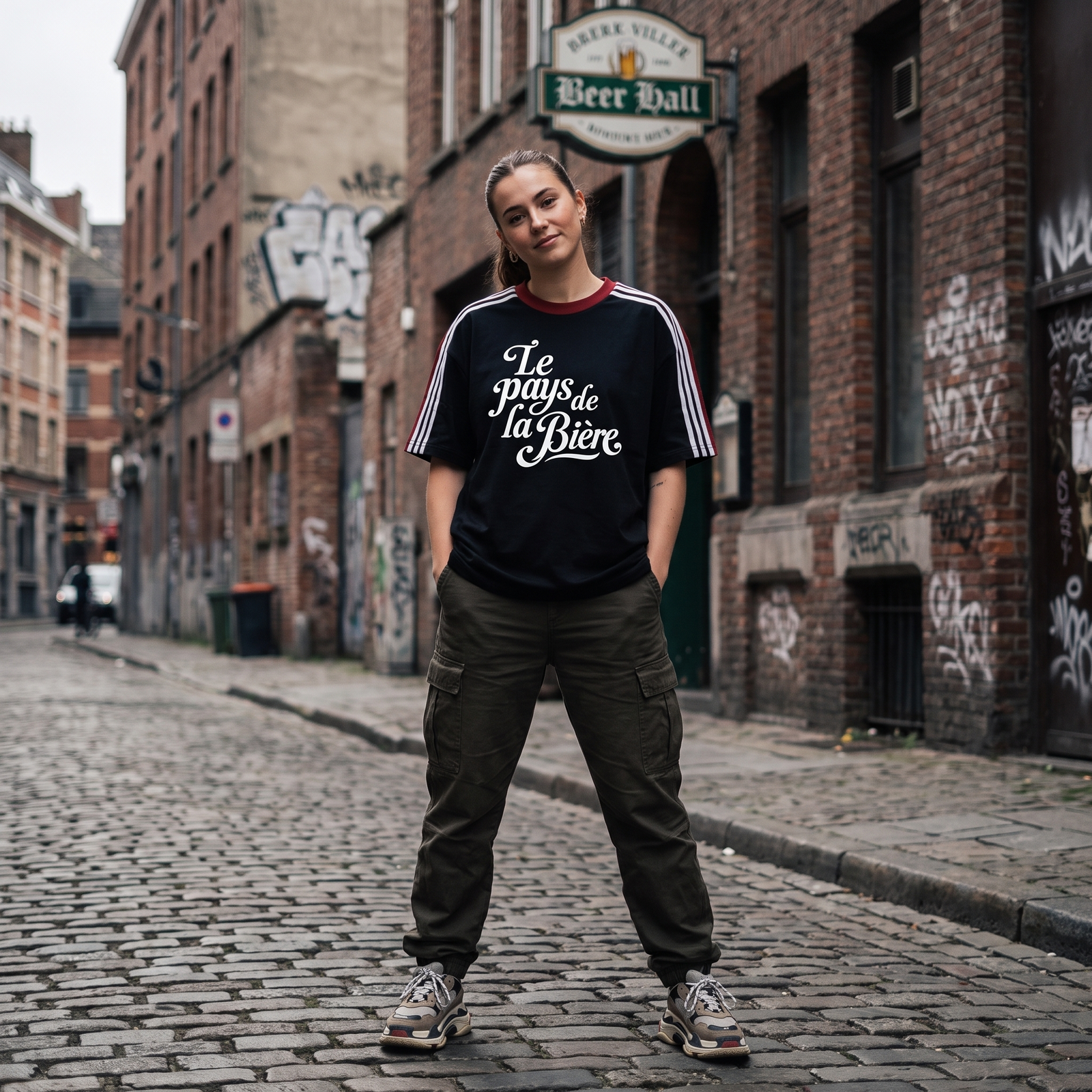 Femme streetwear portant le t-shirt Le Pays de la Bière dans une rue belge - look urbain