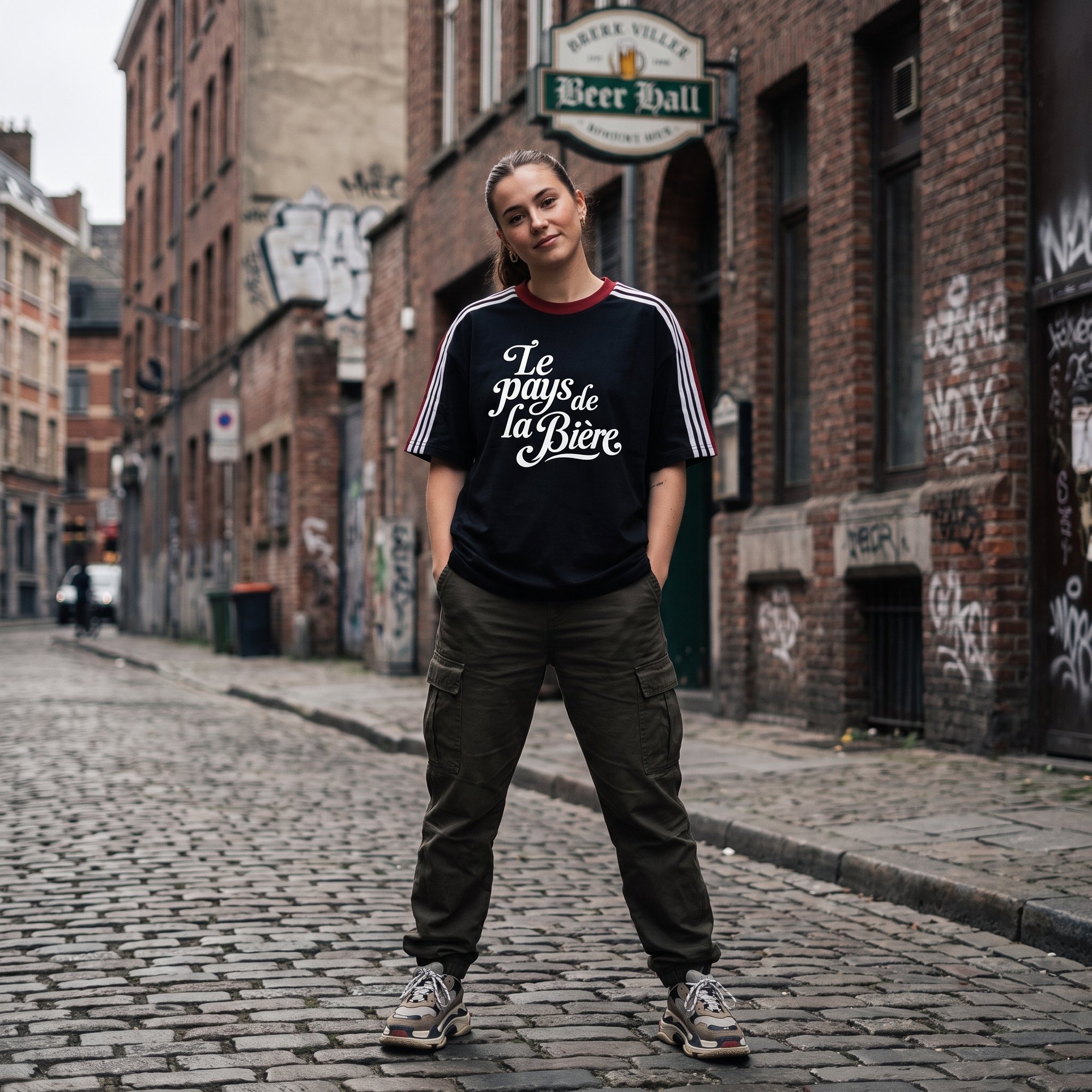 Femme streetwear portant le t-shirt Le Pays de la Bière dans une rue belge - look urbain