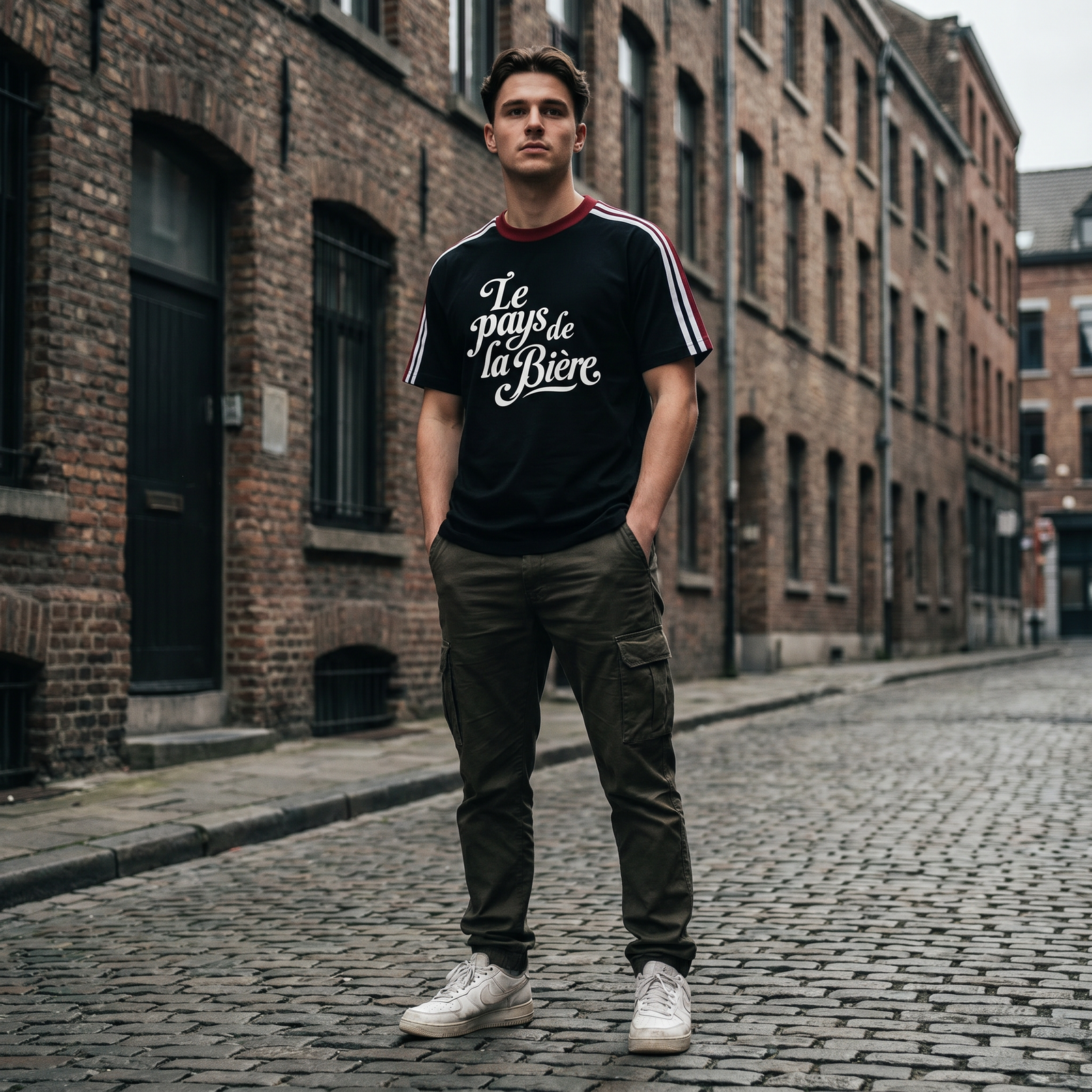 Homme streetwear portant le t-shirt Le Pays de la Bière dans une rue belge en brique - look urbain humour bière