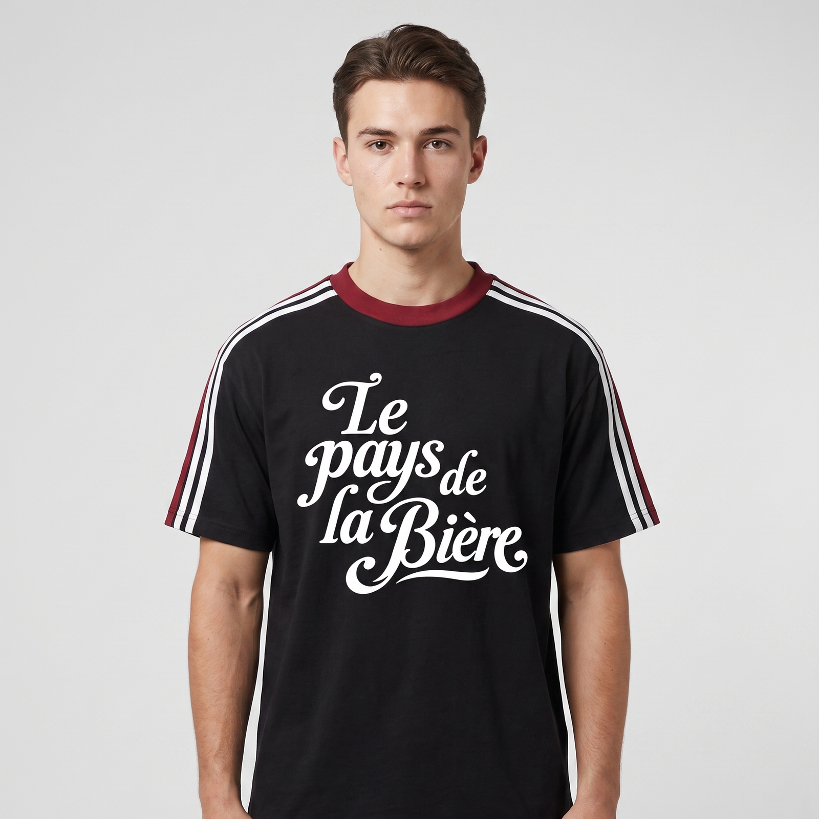 Homme portant le t-shirt Le Pays de la Bière noir en studio, col et bandes bordeaux aux épaules