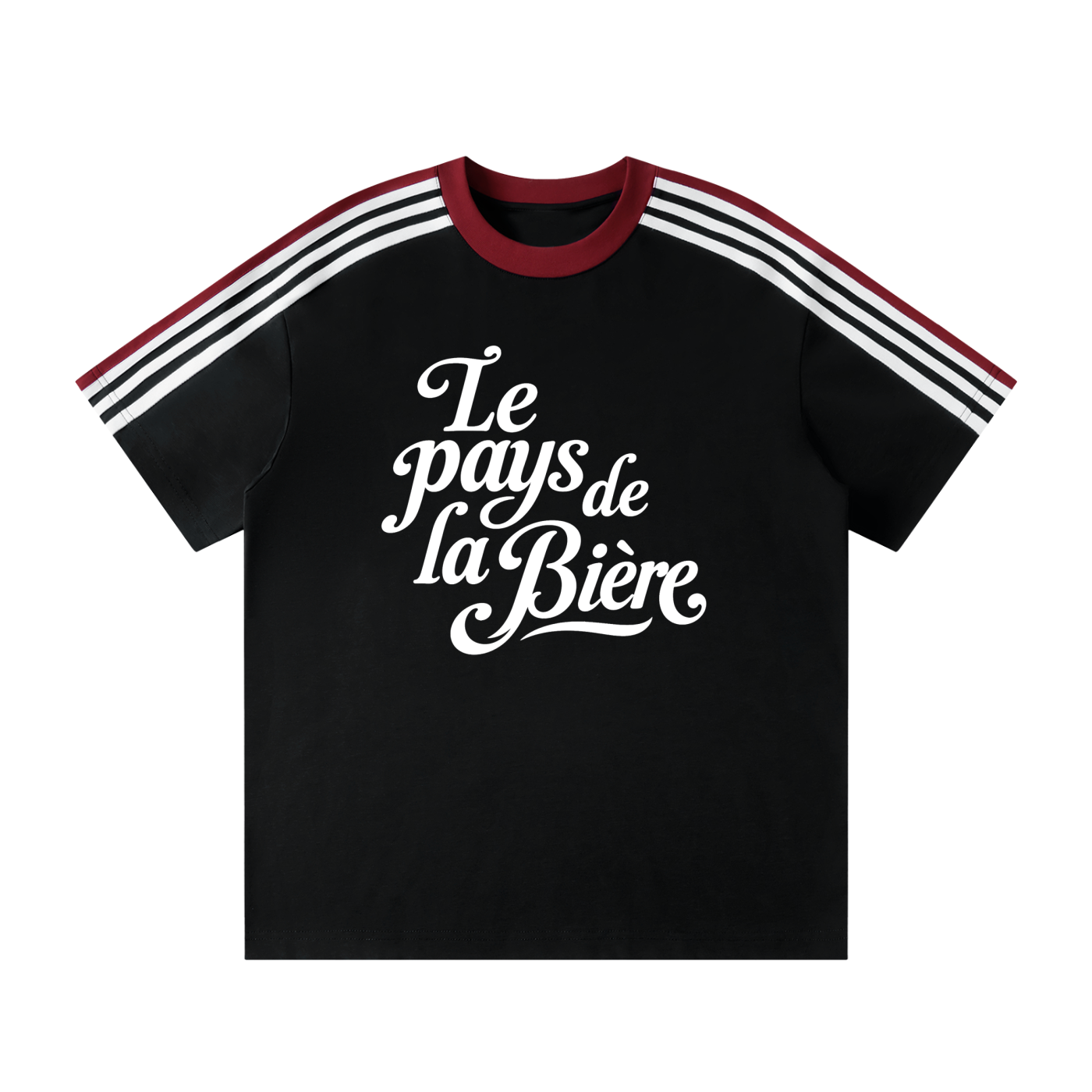T-shirt Le Pays de la Bière noir vue de face avec rayures rétro rouge et blanc - streetwear belge