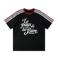 T-shirt Le Pays de la Bière noir vue de face avec rayures rétro rouge et blanc - streetwear belge