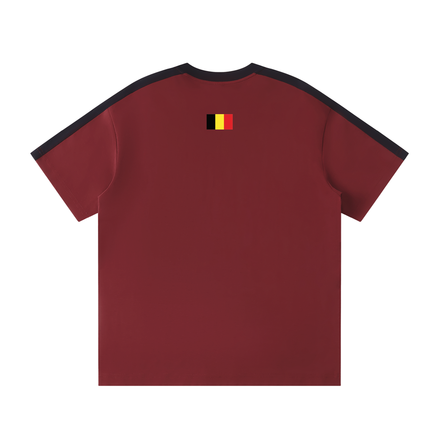 T-shirt Le Pays de la Bière rouge bordeaux vue de dos avec drapeau belge brodé
