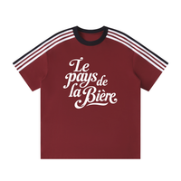 T-shirt Le Pays de la Bière rouge bordeaux vue de face avec rayures rétro noir et blanc