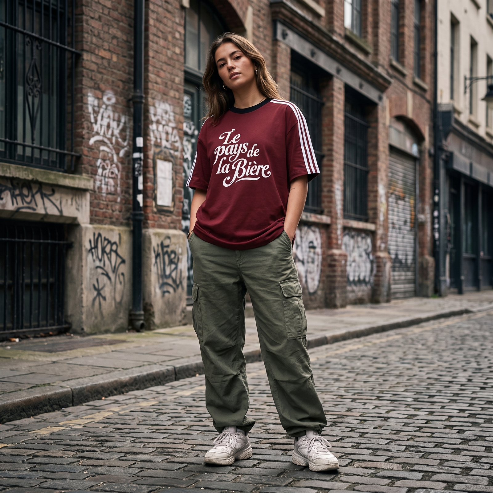 Femme streetwear portant le t-shirt Le Pays de la Bière rouge bordeaux dans une rue belge - format carré