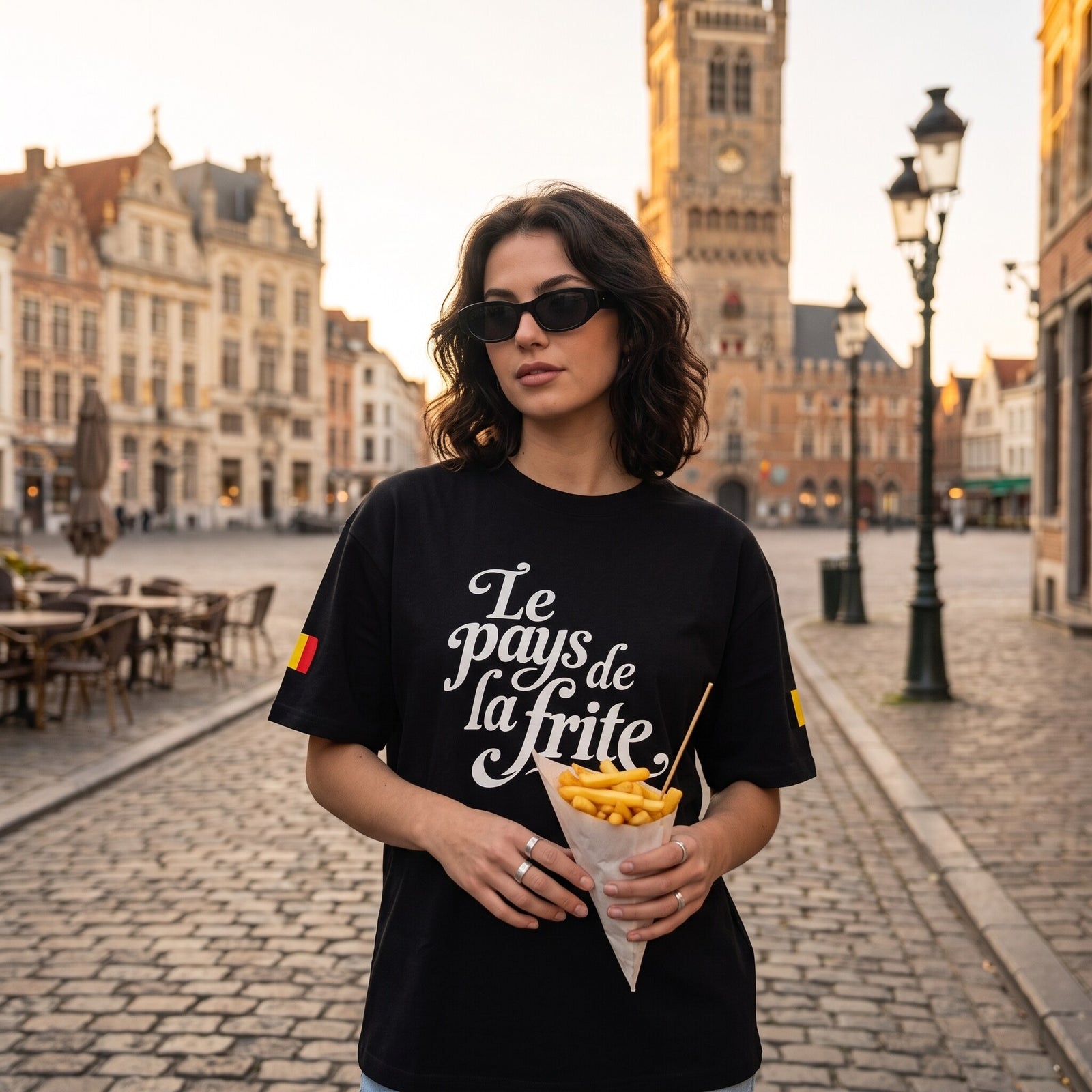 T-shirt oversized noir Le pays de la frite, porté par une femme avec un cornet de frites sur une grand-place belge